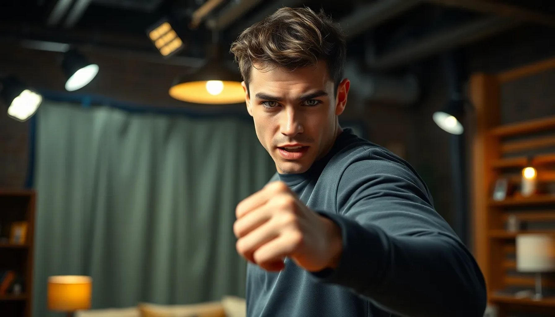 Coty Romero lanzando una piña durante el enfrentamiento en el reality, con expresión de sorpresa en el estudio