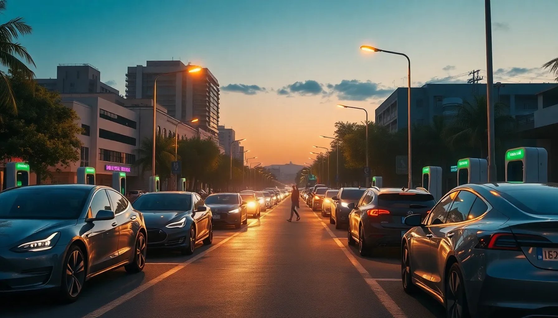 Calle de una ciudad latinoamericana con autos eléctricos y estaciones de carga iluminadas al atardecer