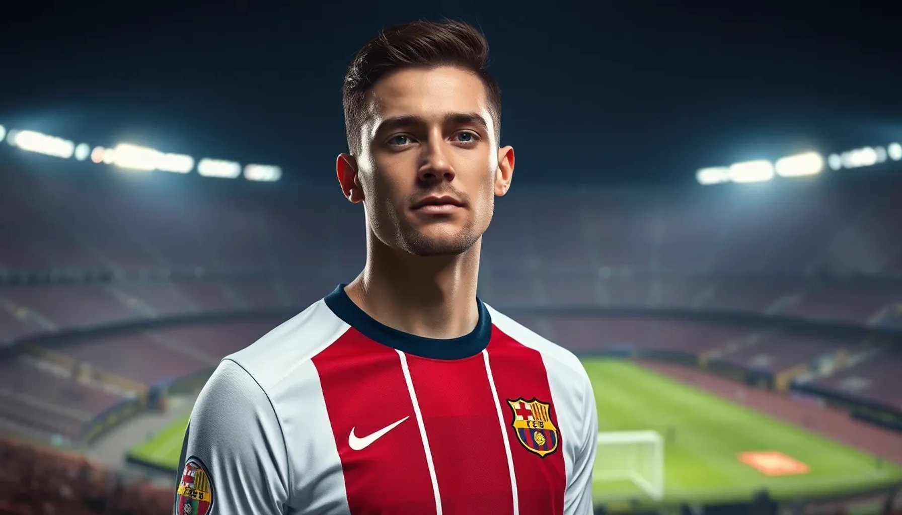 Robert Lewandowski vistiendo la camiseta del Barcelona, contemplando el estadio Camp Nou bajo luces nocturnas.