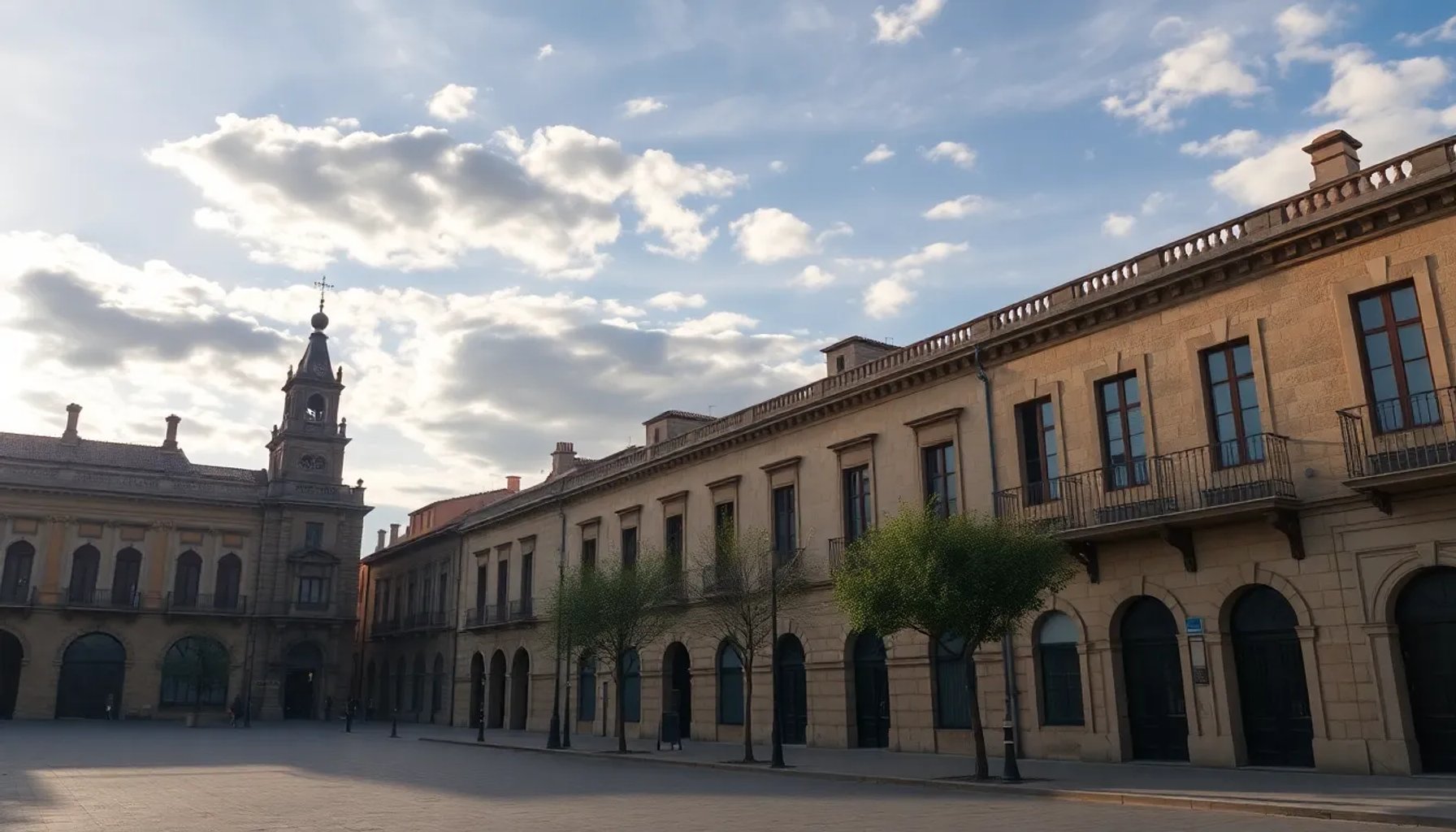 Cielo parcialmente nublado sobre el casco histórico de Palencia con luz suave de mañana de primavera