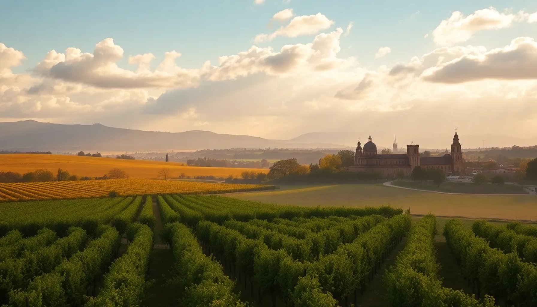 Cielo parcialmente nublado sobre los viñedos y bodegas de Jerez de la Frontera al amanecer, con luz suave de primavera