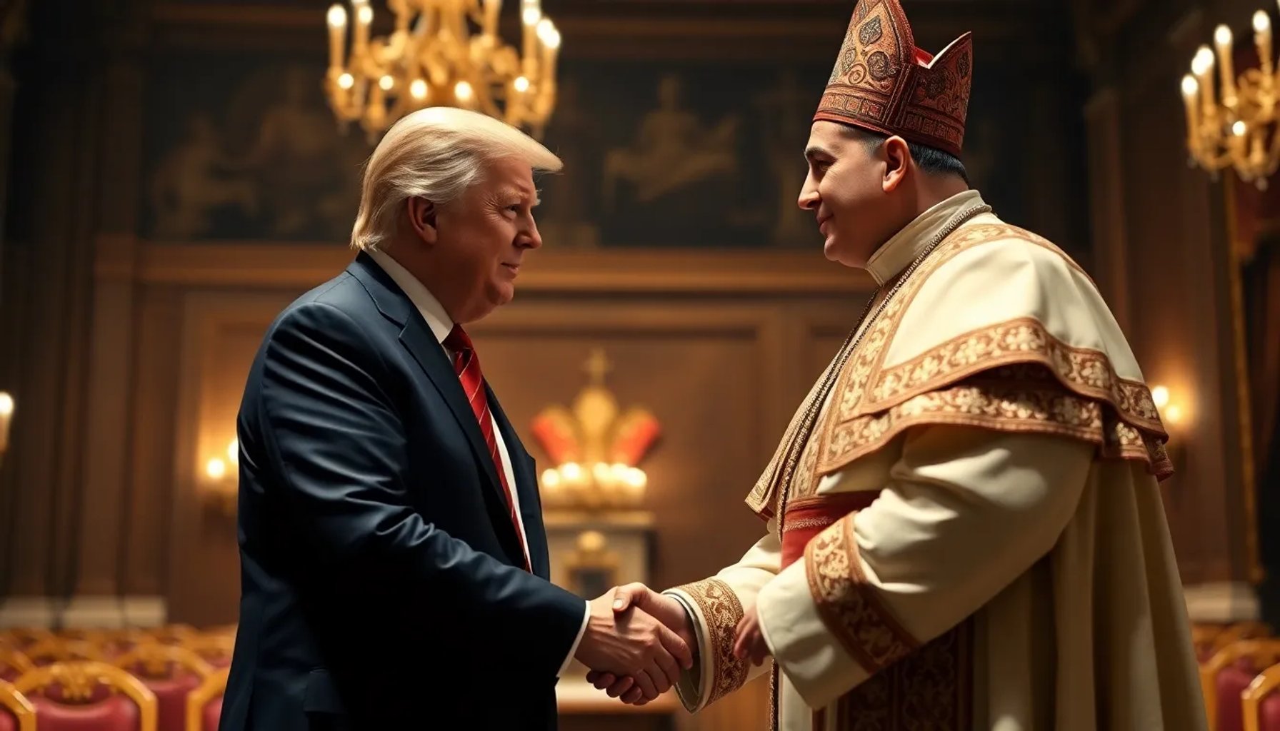 Donald Trump y el Papa León XIV discutiendo en una sala de conferencias