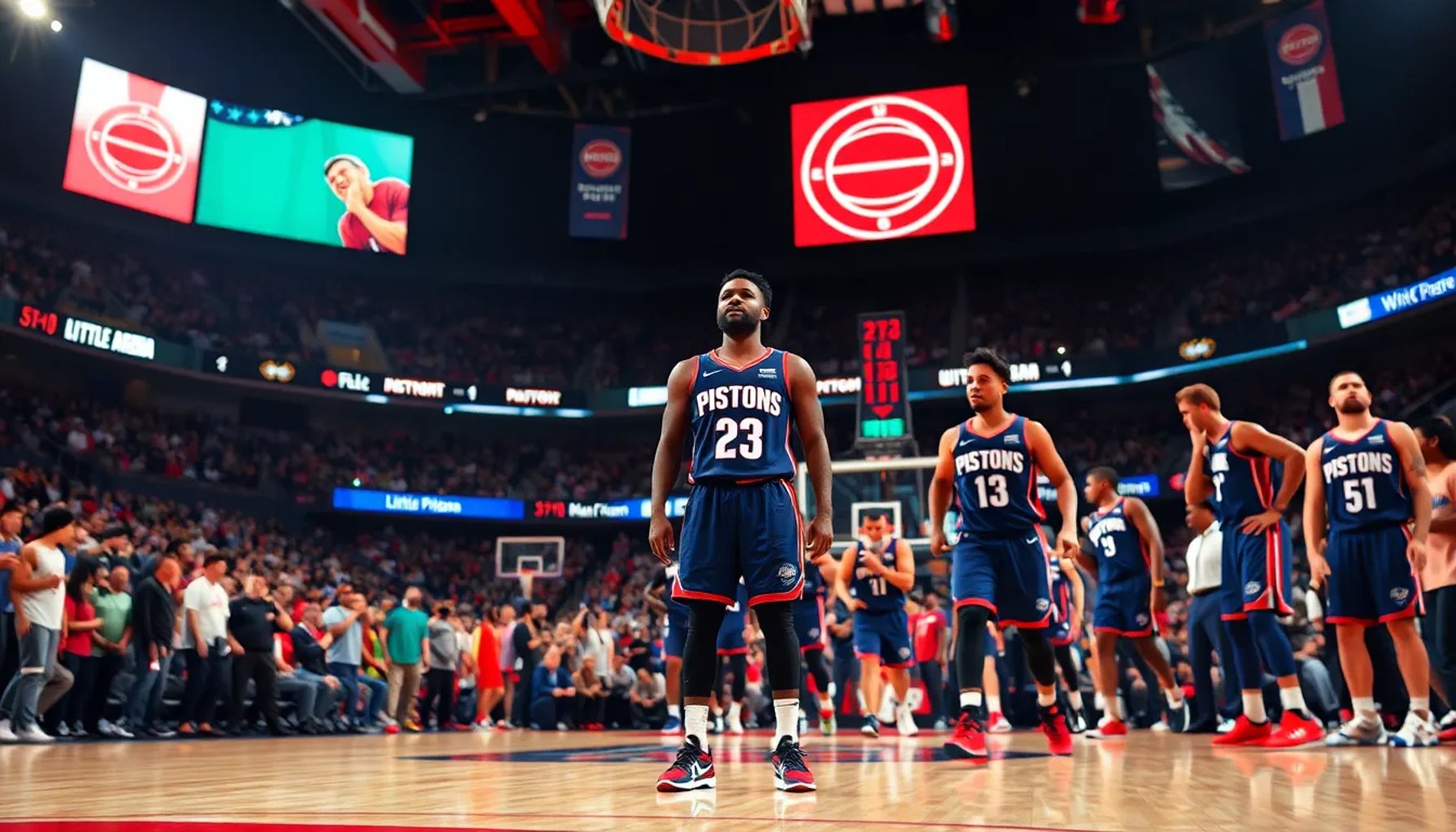 Jugadores de los Detroit Pistons celebrando una victoria en el Little Caesars Arena, con Jalen Duren al centro.
