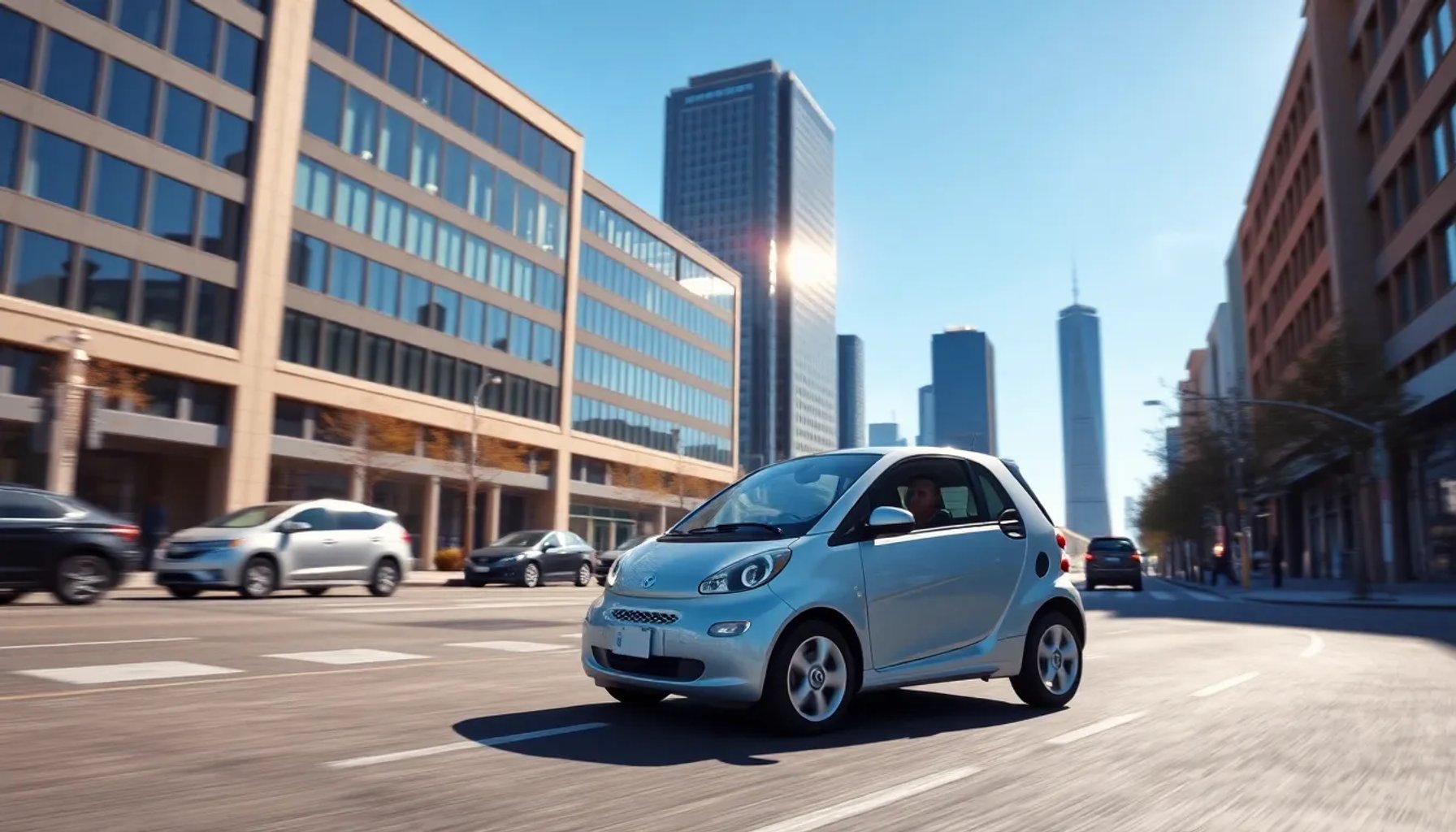 Coche eléctrico compacto circulando en una avenida urbana bajo el sol