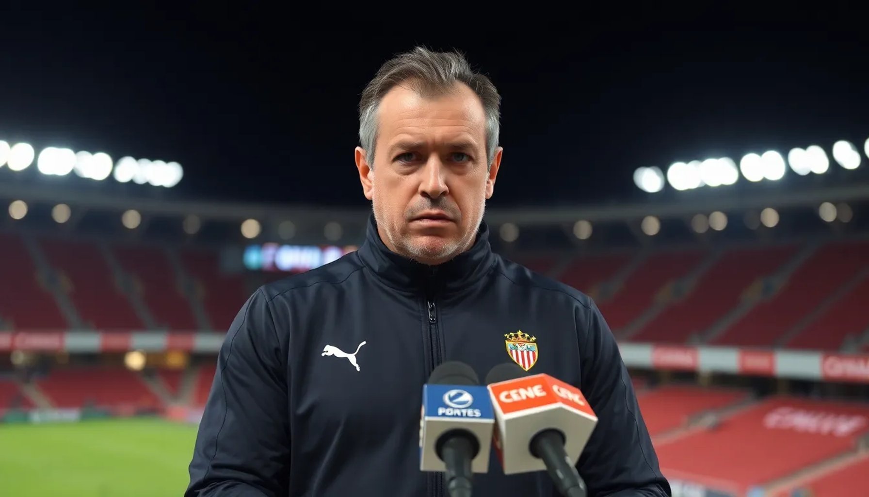 Luis García Plaza, entrenador del Sevilla FC, dando una rueda de prensa tras un partido, con expresión seria y de pie frente a los micrófonos