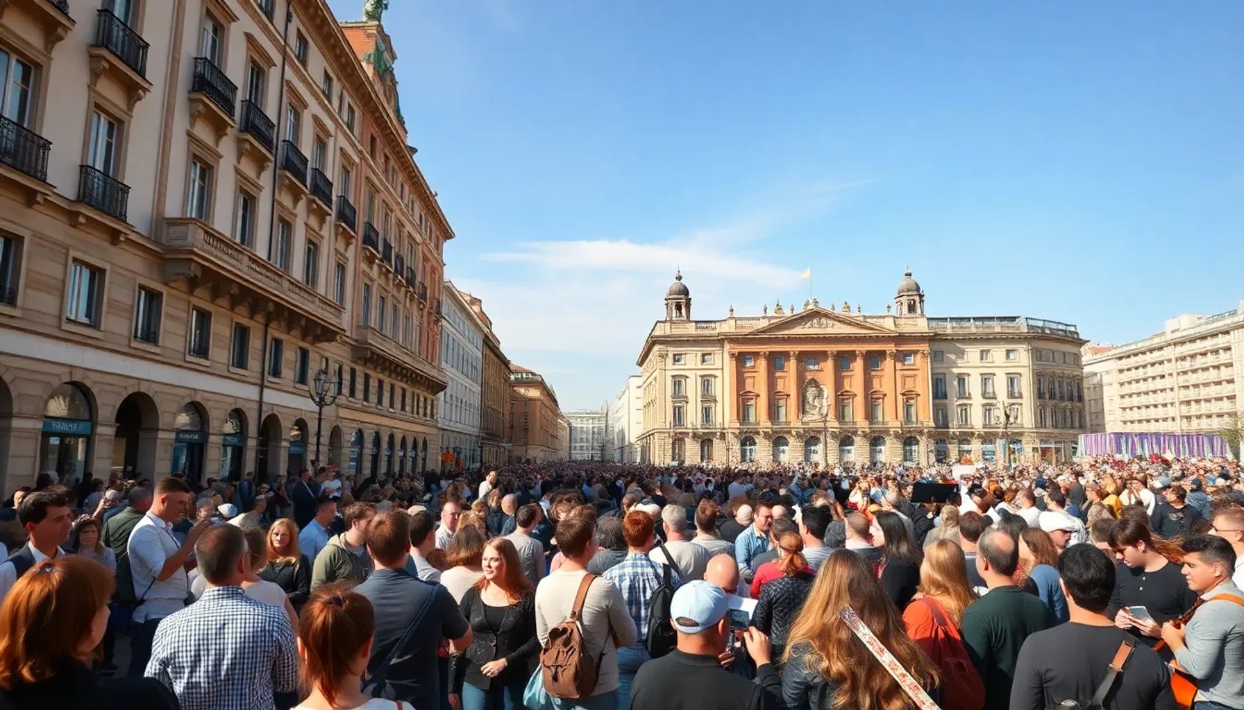 Multitud reunida en Plaza Cibeles durante la Fiesta de la Resurrección, con músicos y coros bajo el cielo primaveral de Madrid