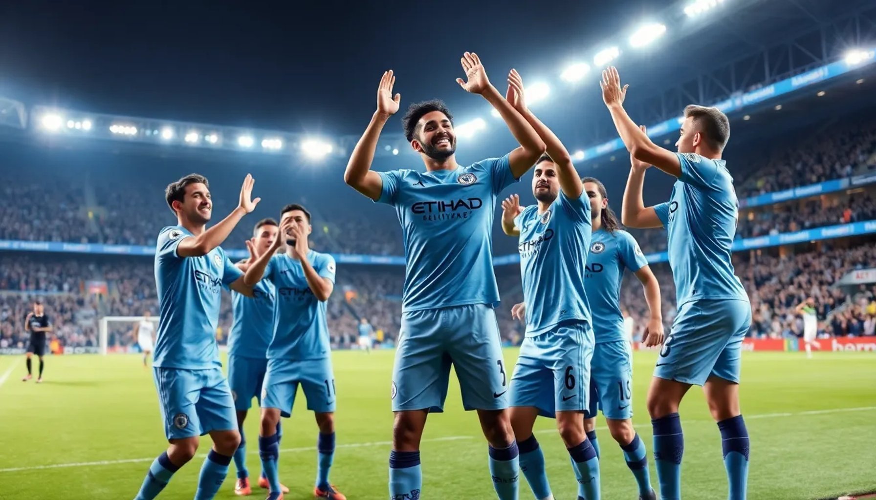 Jugadores del Manchester City celebrando victoria sobre el Arsenal en el Etihad Stadium