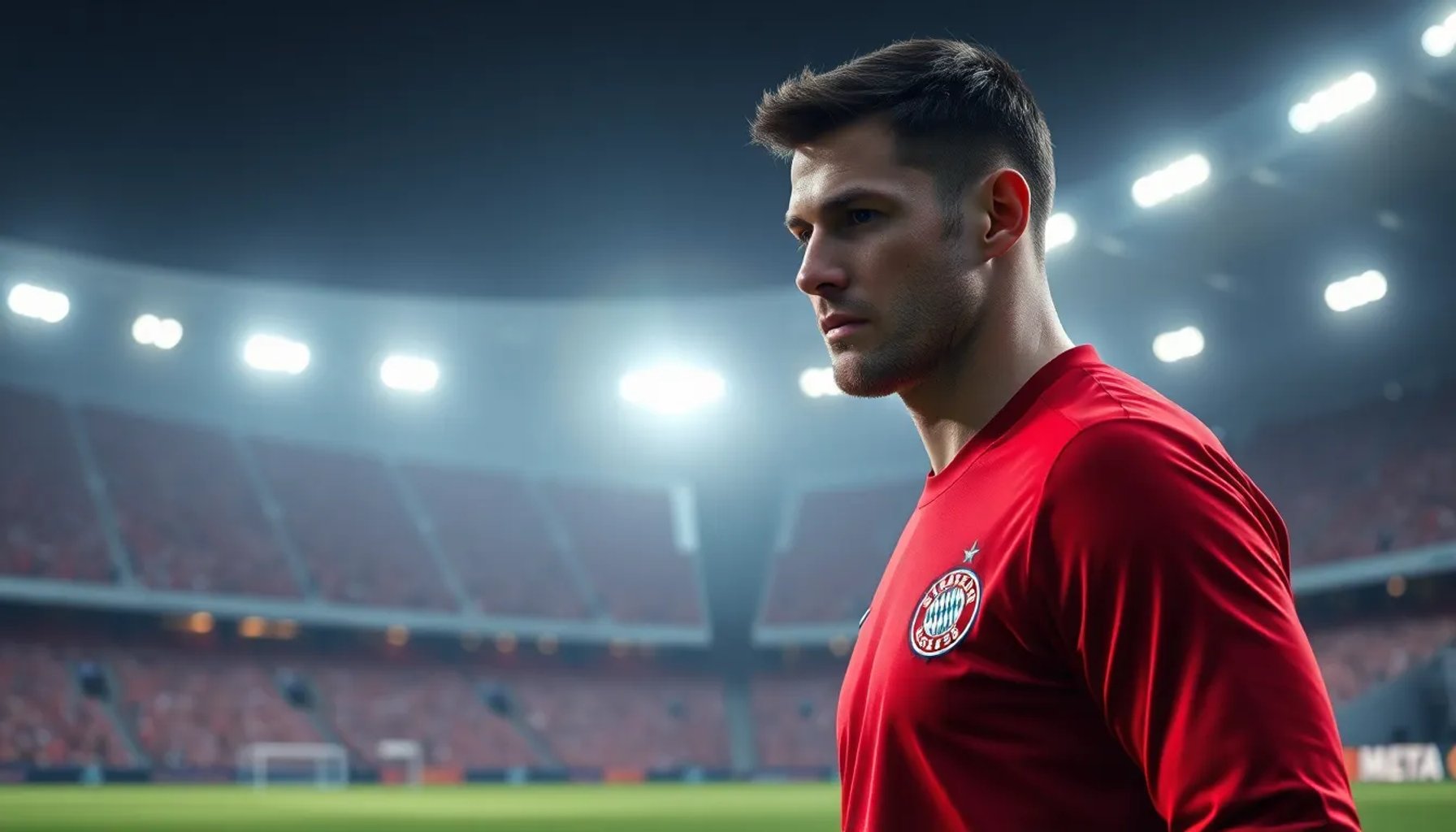 Manuel Neuer, portero del Bayern, mirando pensativo durante un partido en el Allianz Arena