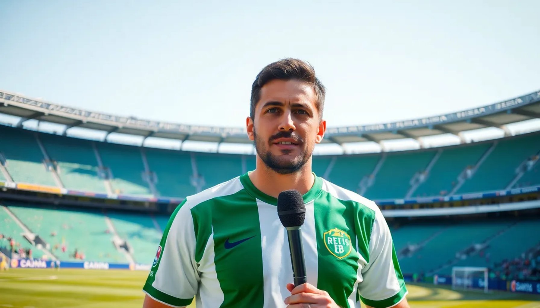 Marc Roca en camiseta del Real Betis, hablando con micrófono en el Estadio Benito Villamarín