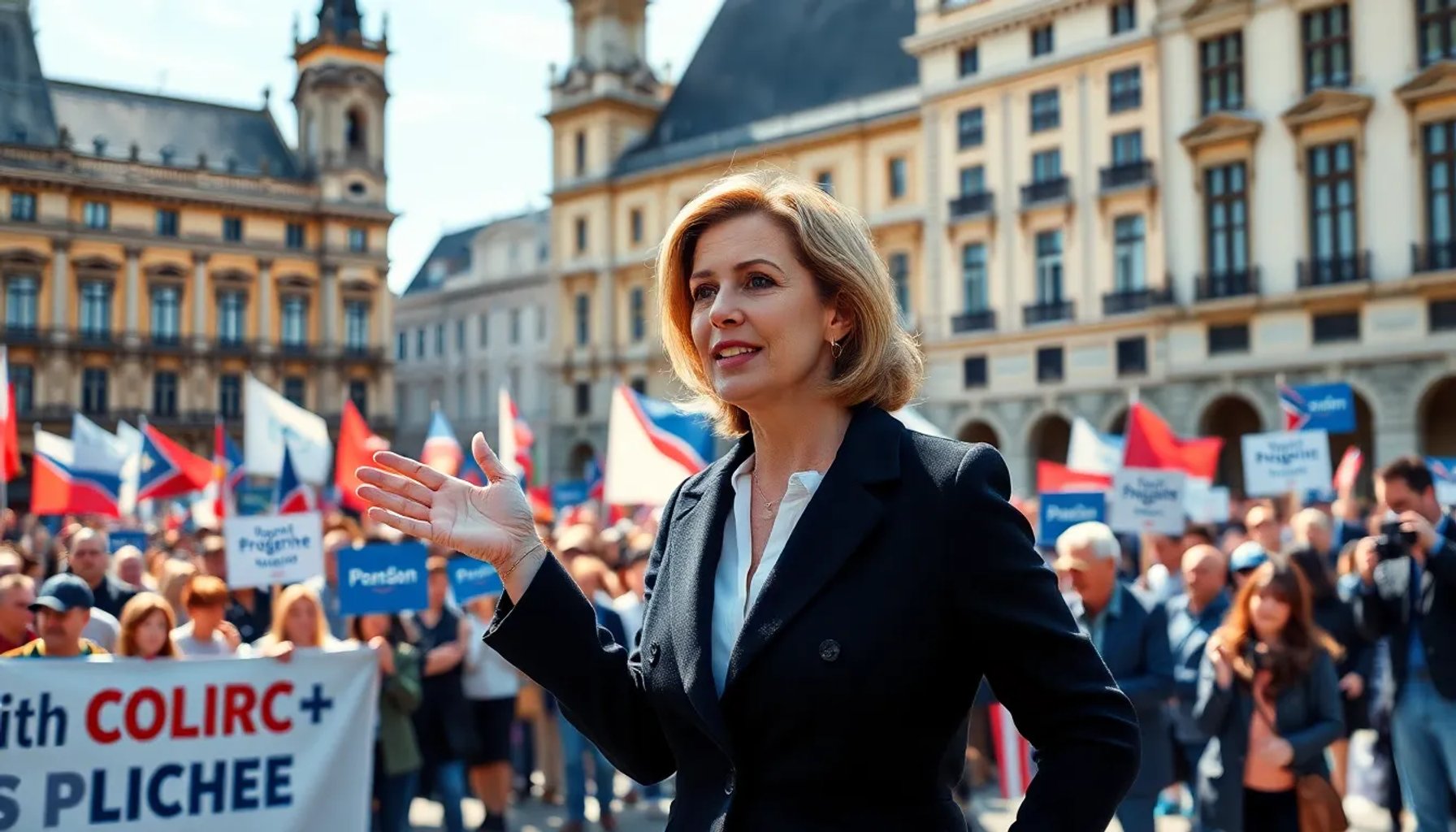 María Corina Machado hablando frente a la Plaza Mayor de Madrid, rodeada de simpatizantes con pancartas de apoyo