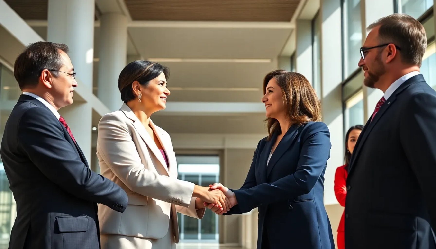 María Corina Machado estrechando la mano con líderes de la derecha española en una reunión oficial en Madrid