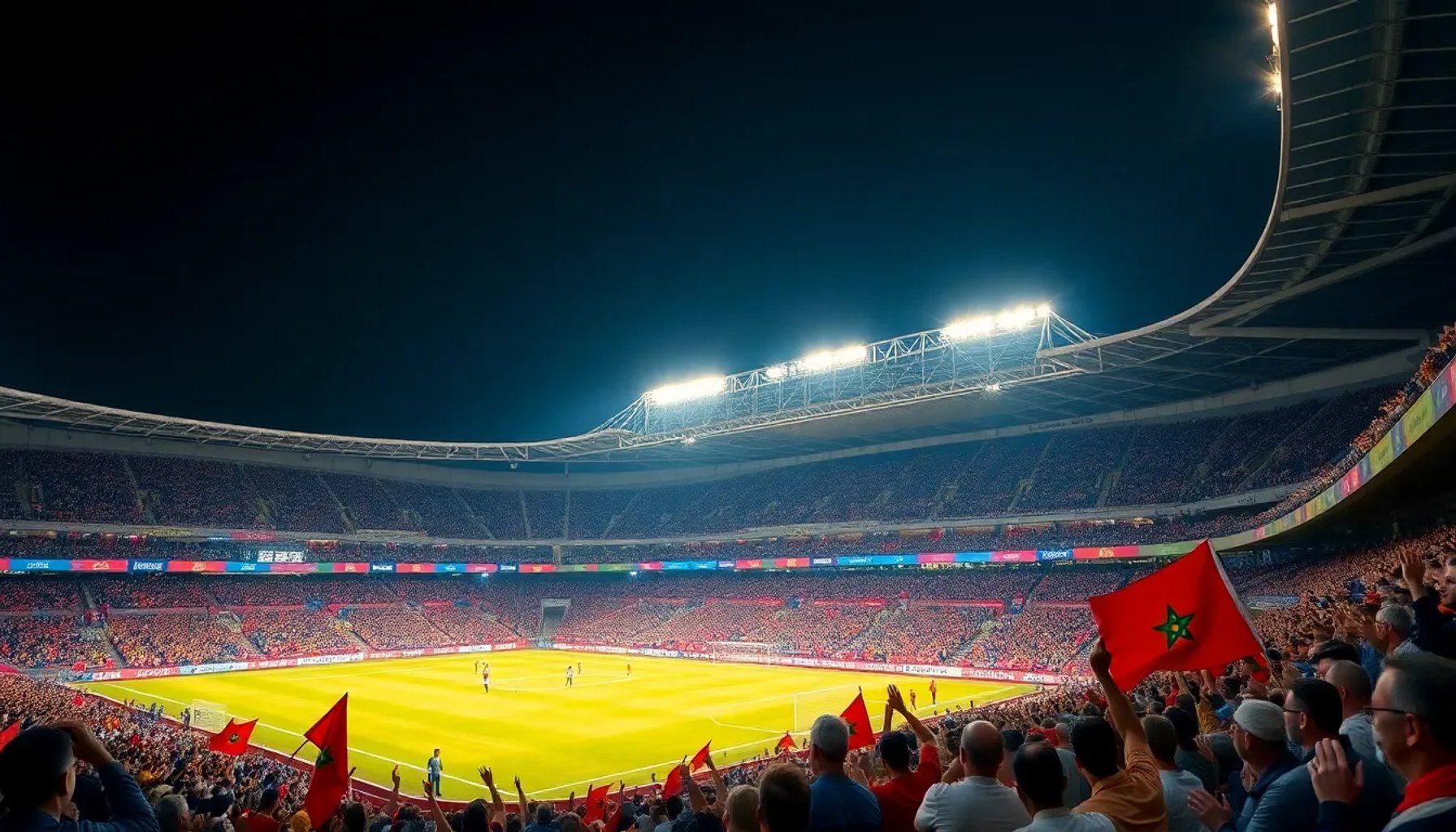 Estadio iluminado en Rabat con banderas marroquíes y jugadores celebrando bajo la noche
