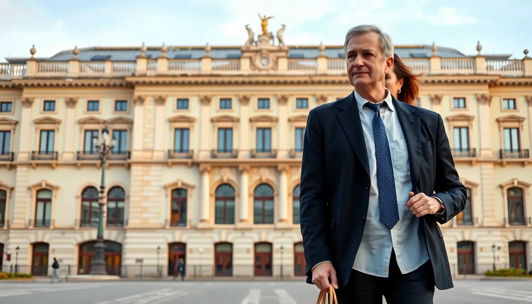 Carlos Cuerpo y Marta Morano Larragueta caminando por la fachada del Palacio de la Moncloa
