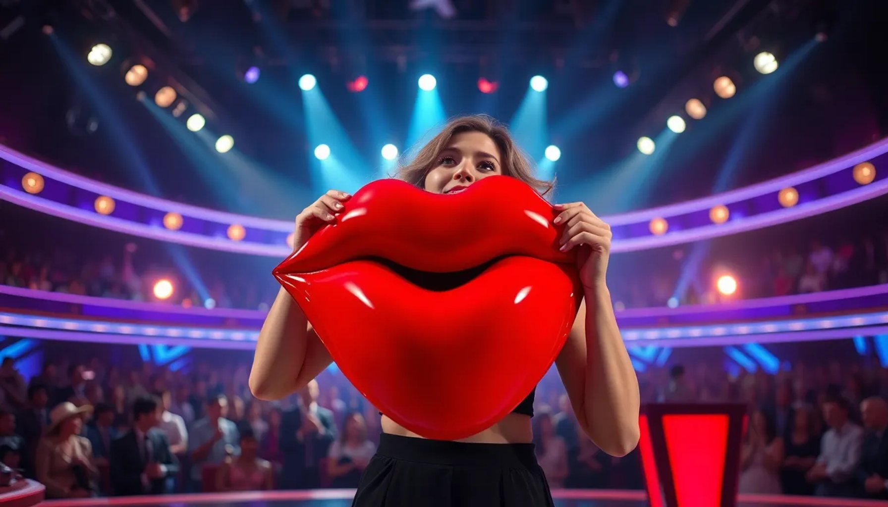 Emma Clarke quitándose la máscara Labios en el escenario de Mask Singer, revelando su identidad bajo luces brillantes