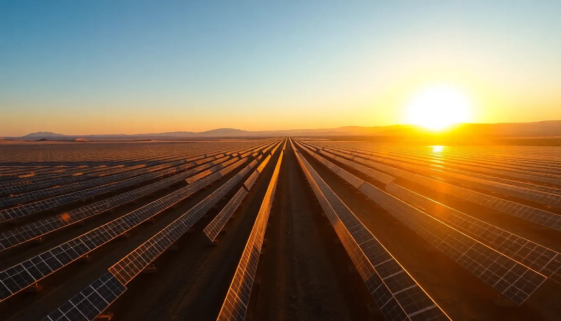 Imagen de una gran planta solar al atardecer en el desierto mexicano, con filas de paneles brillando bajo el sol
