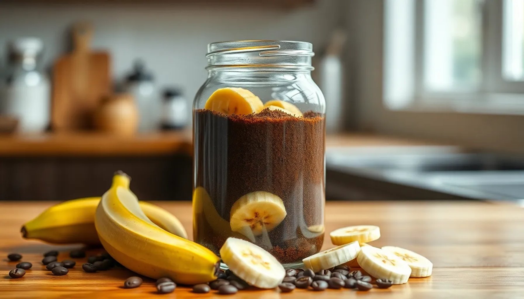 Frasco de vidrio con mezcla marrón de café usado, cáscara de banana y agua sobre una mesa de cocina
