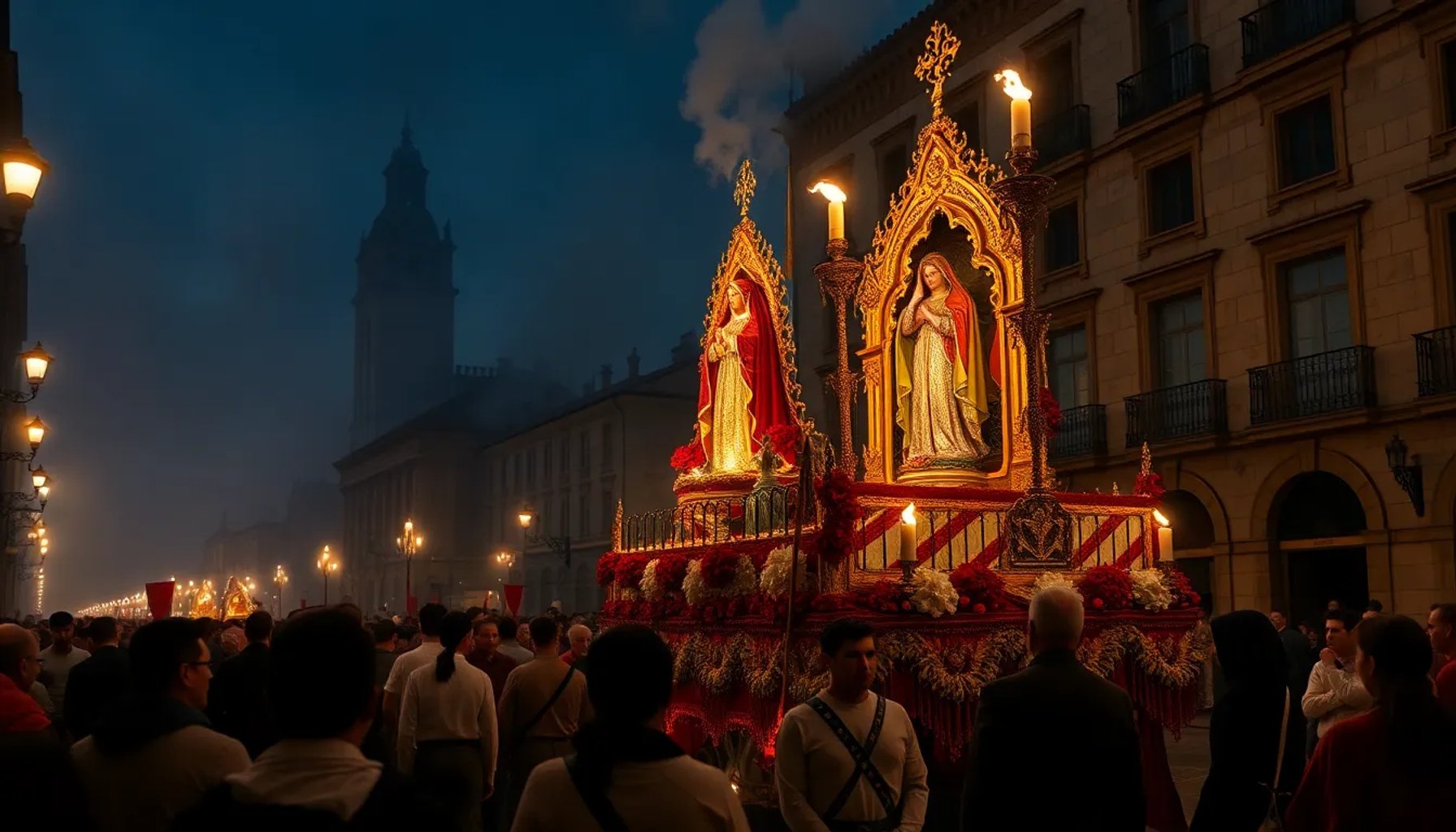 Procesión de la Virgen de la Amargura (Minerva) iluminada por antorchas en las calles empedradas de León durante el Miércoles Santo