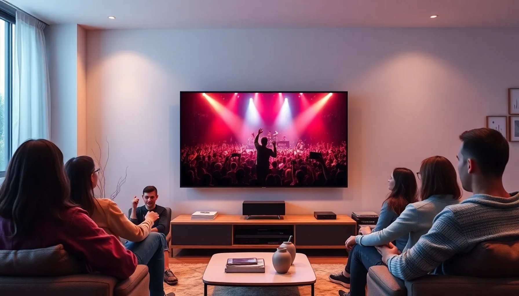 Pantalla de televisión mostrando la transmisión en vivo del concierto benéfico con artistas destacados