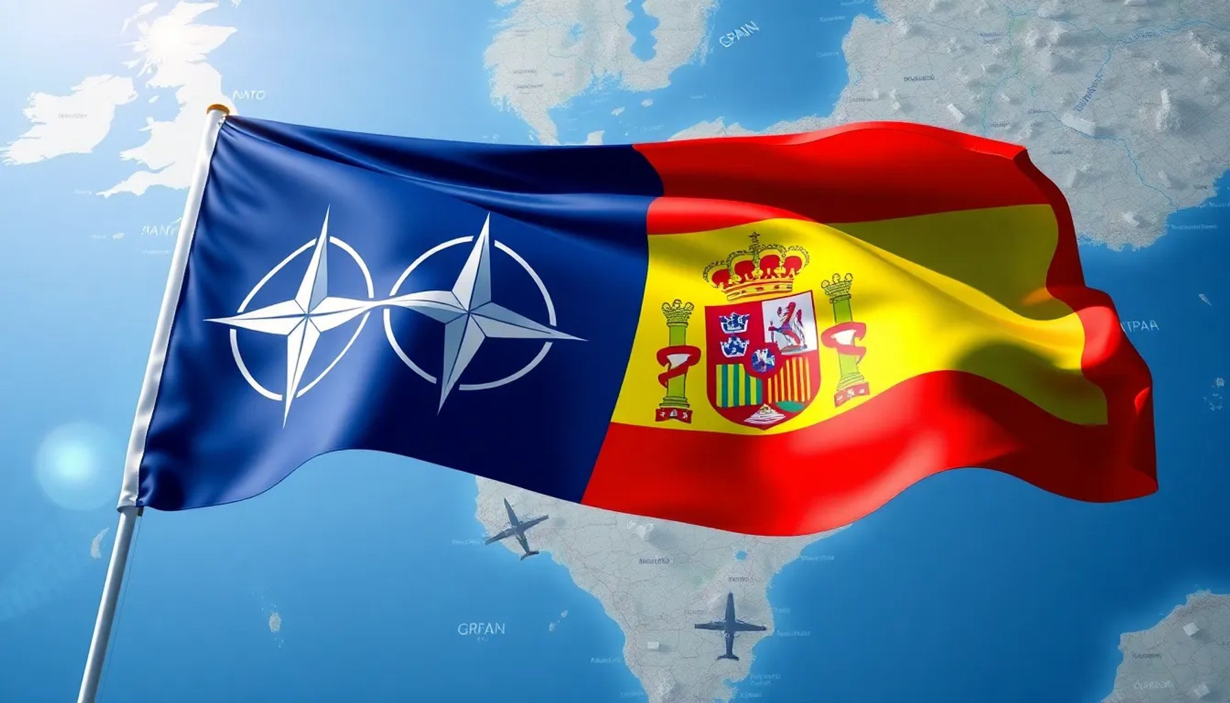 Bandera de la OTAN ondeando sobre un mapa de España con símbolos de defensa militar