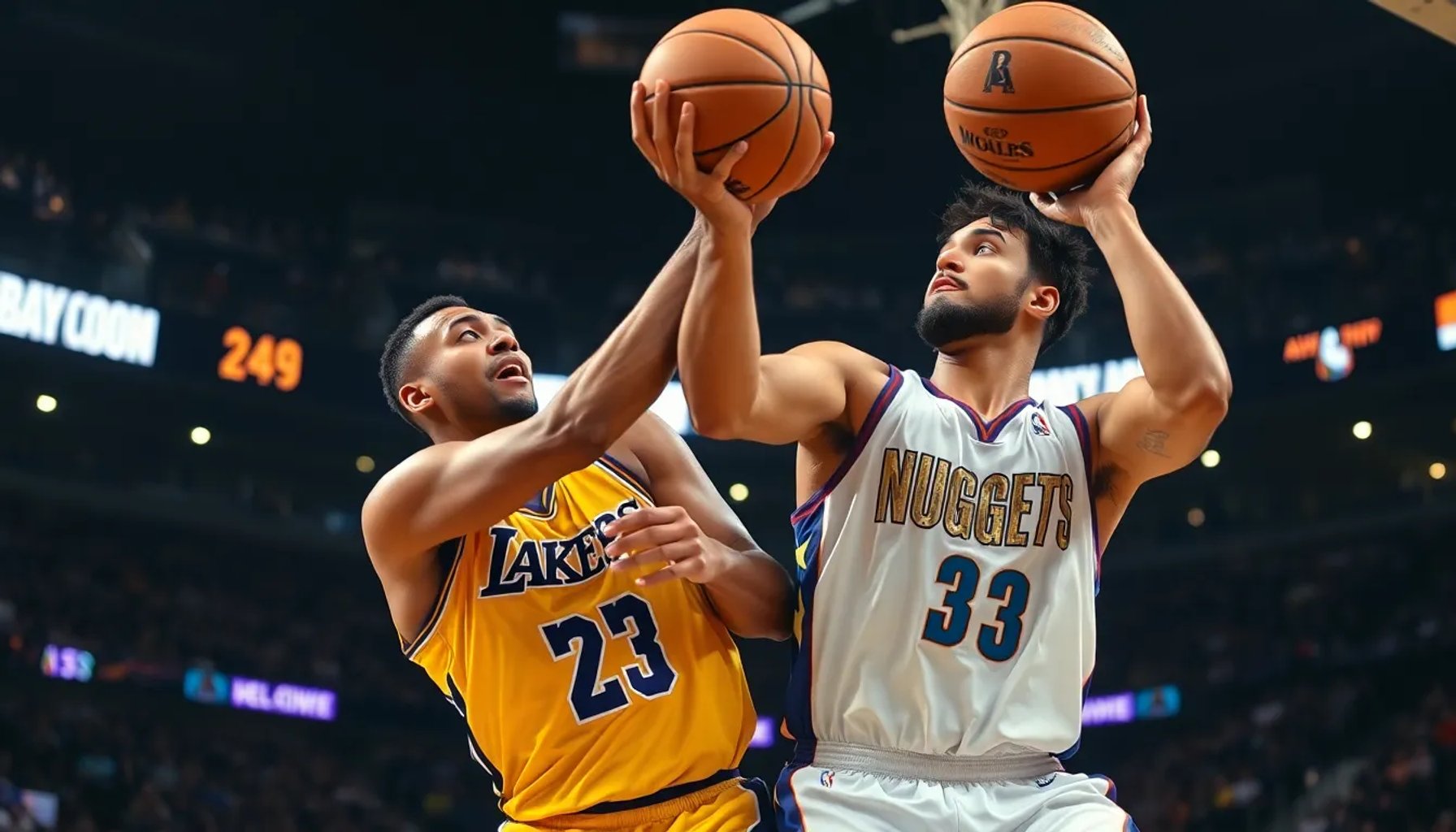 Jugadores de los Lakers y los Nuggets disputando un rebote bajo las luces del Staples Center durante los playoffs 2025-2026
