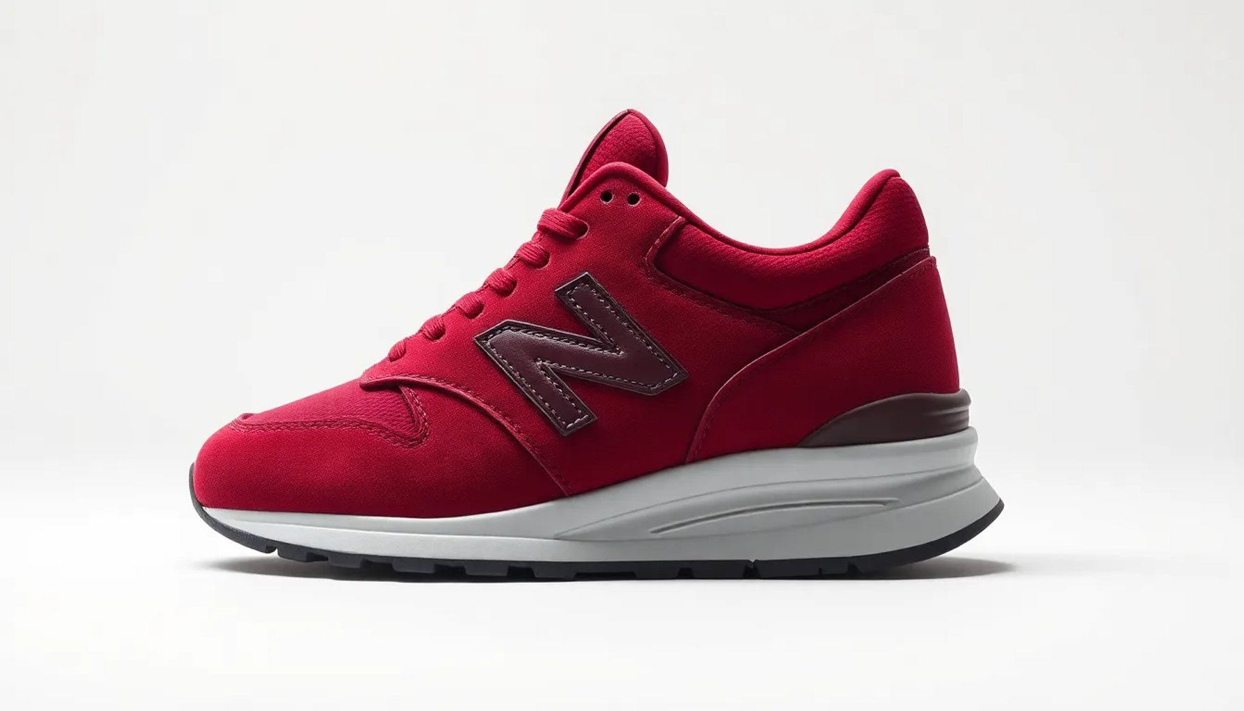 Zapatilla New Balance color granadina sobre fondo neutro, resaltando su diseño moderno y vibrante