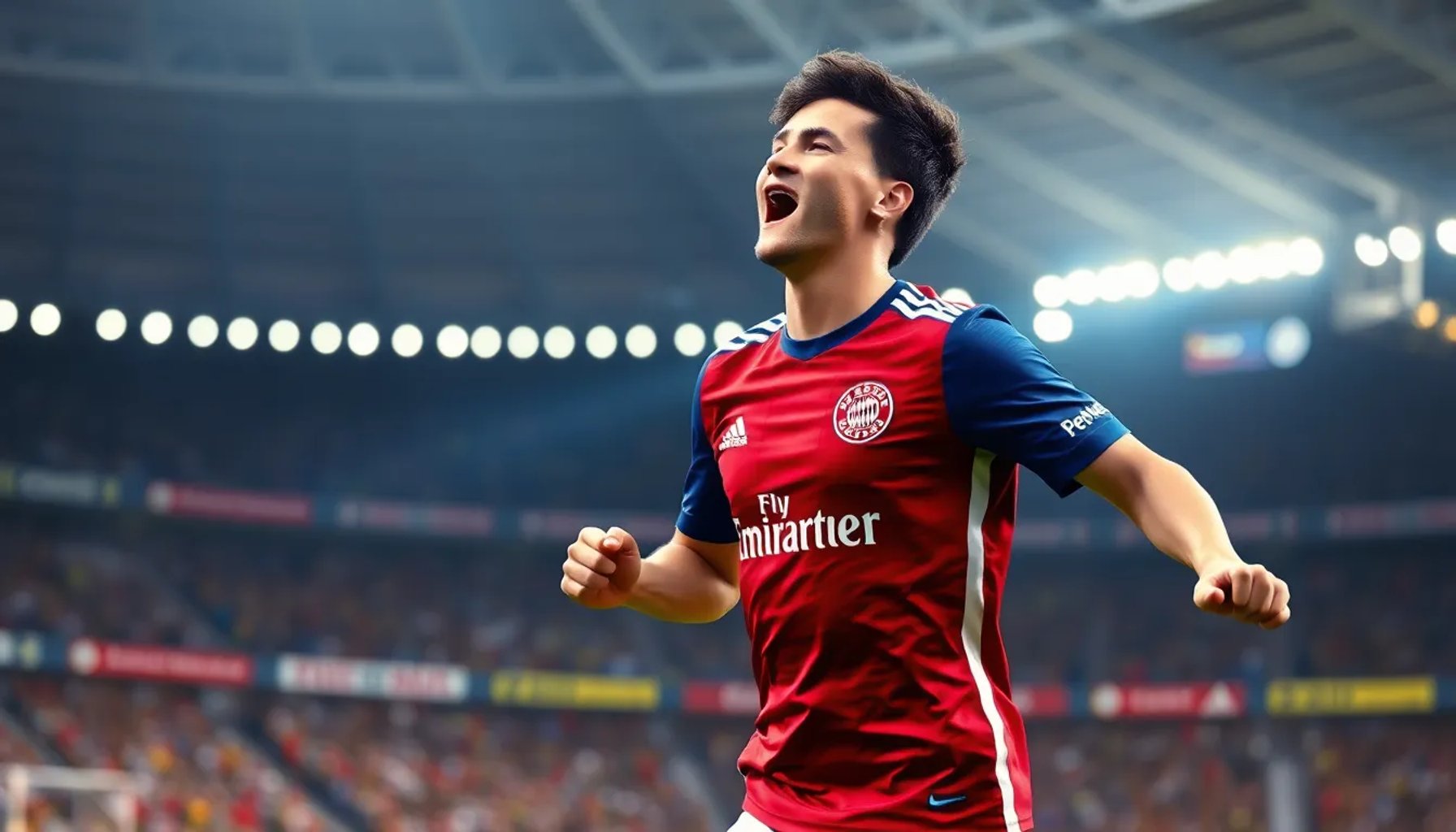 Michael Olise celebrando su gol en el Bernabéu con el uniforme del Bayern de Múnich