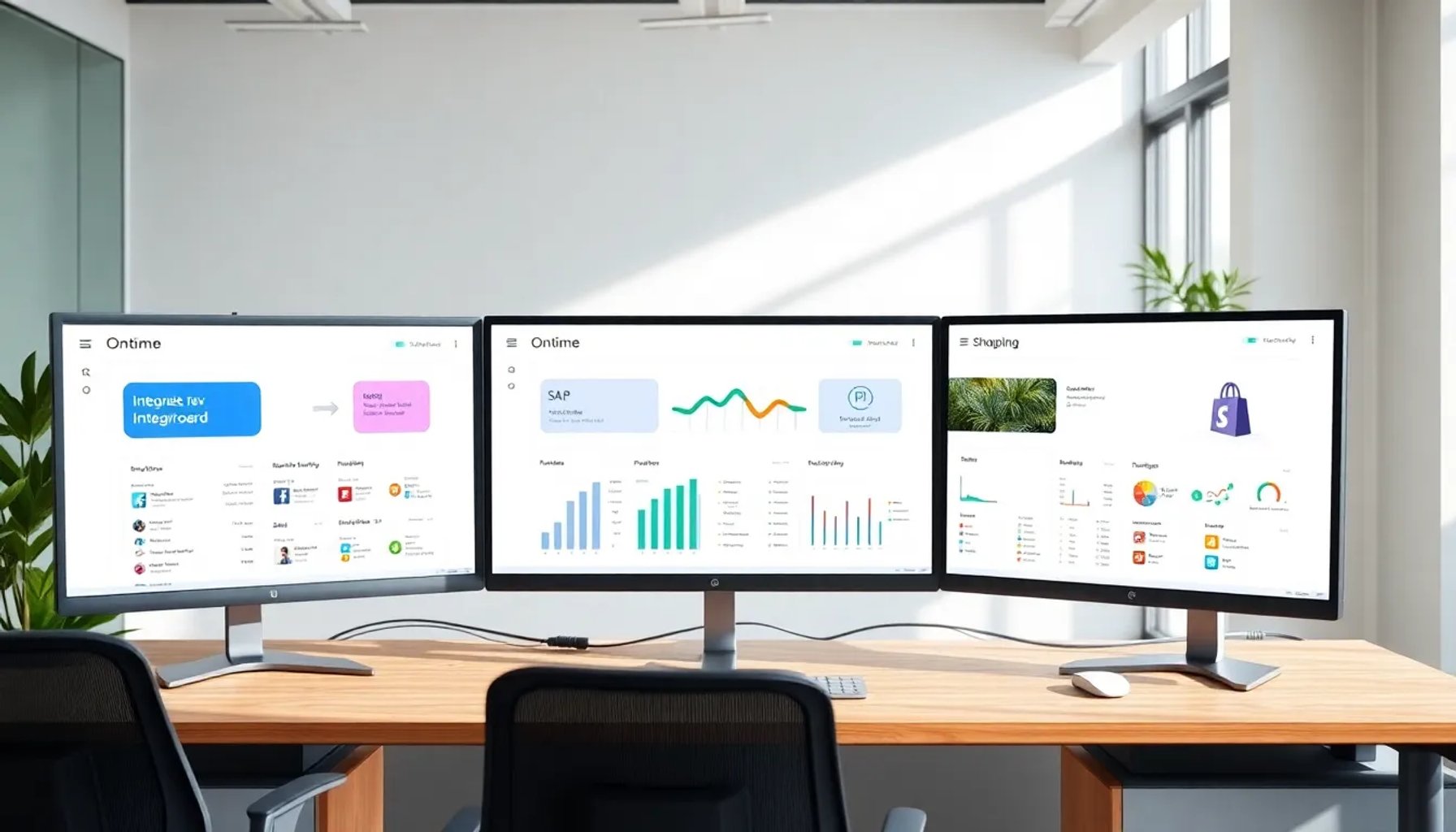 Pantalla de la plataforma Ontime mostrando integraciones con SAP, Slack y Shopify