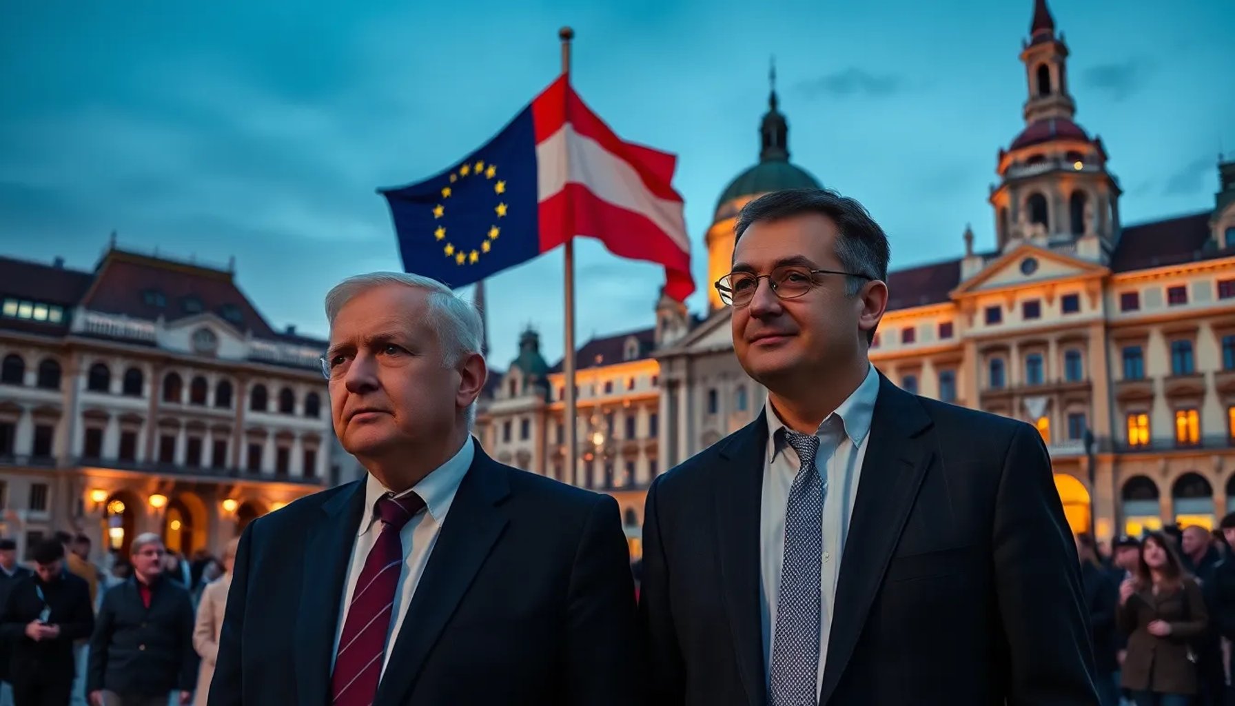 Viktor Orbán y Peter Magyar en una plaza de Budapest, con banderas de la UE al fondo, simbolizando la transición de poder en Hungría
