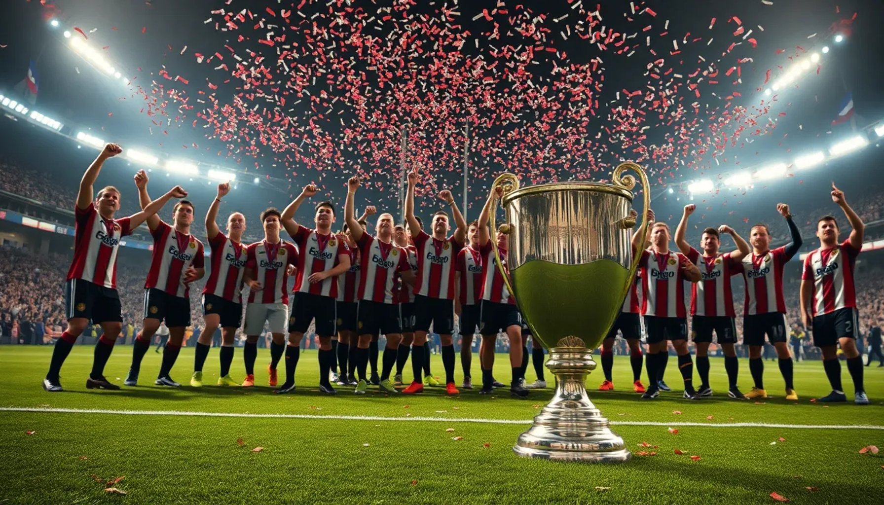 Jugadores del FC Barcelona levantando la Copa del Rey bajo luces del estadio, con confeti y celebración