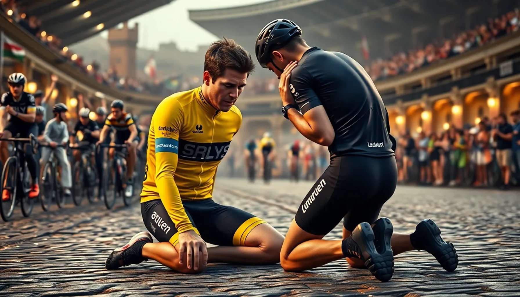 Wout van Aert llorando y abrazado por Mathieu van der Poel al cruzar la meta del clásico de París‑Roubaix 2026