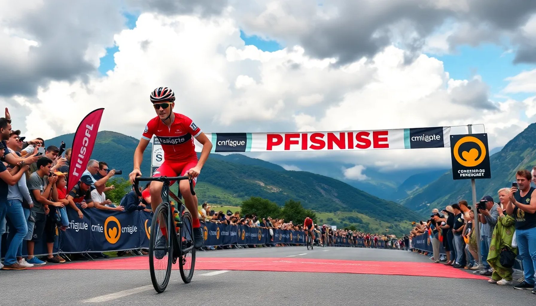 Paul Seixas cruzando la meta en la Itzulia, rodeado de ciclistas profesionales bajo el cielo del País Vasco