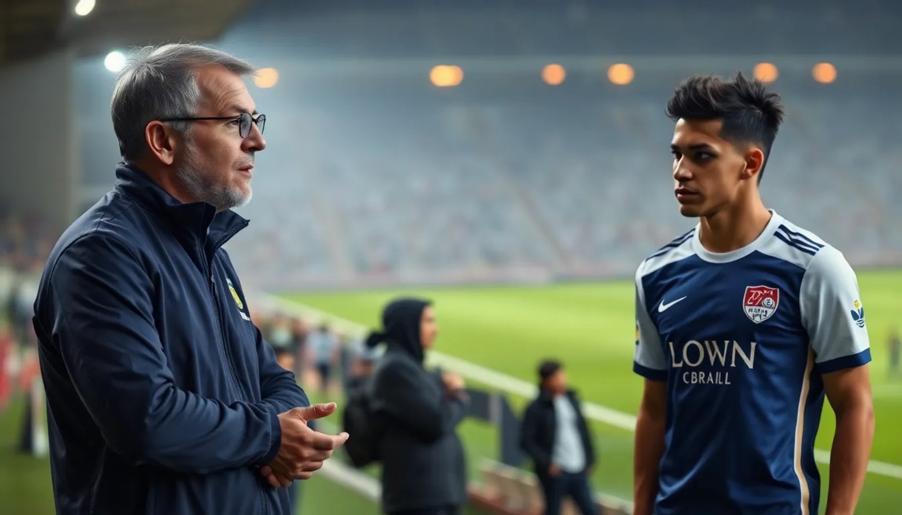 Paulo Fonseca hablando en la zona técnica del estadio Groupama mientras Endrick observa en el vestuario del Olympique de Lyon