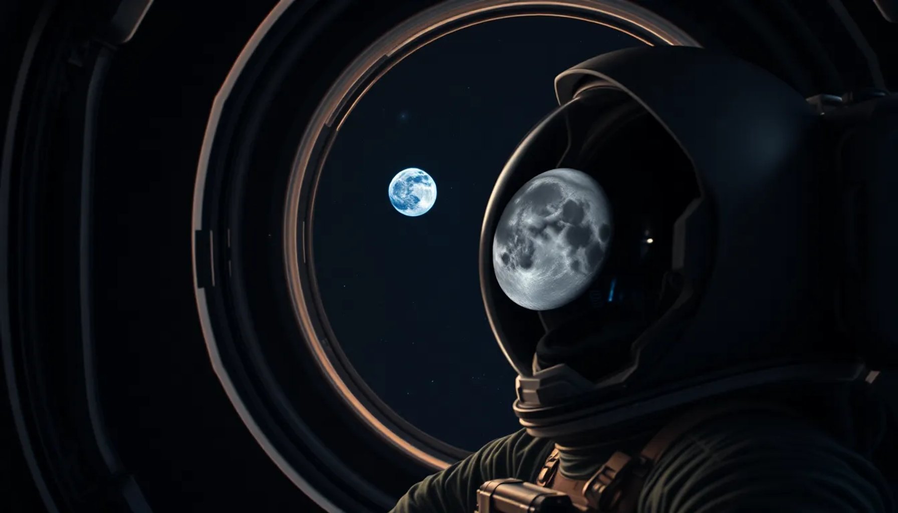 Astronauta mirando por ventana de nave espacial hacia la Luna