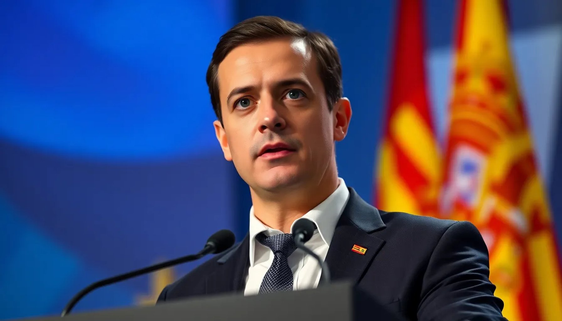 Pedro Sánchez hablando en un mitin mientras se muestra la bandera de España y Cataluña