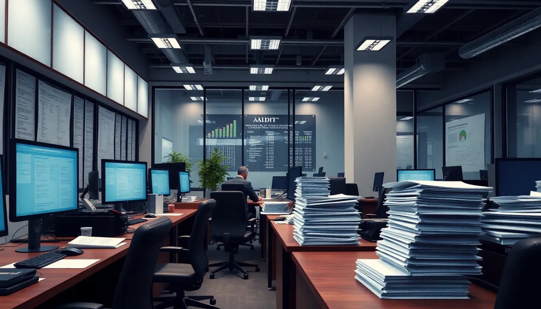 Imagen de una sala de auditores con documentos y computadoras, simbolizando una investigación financiera