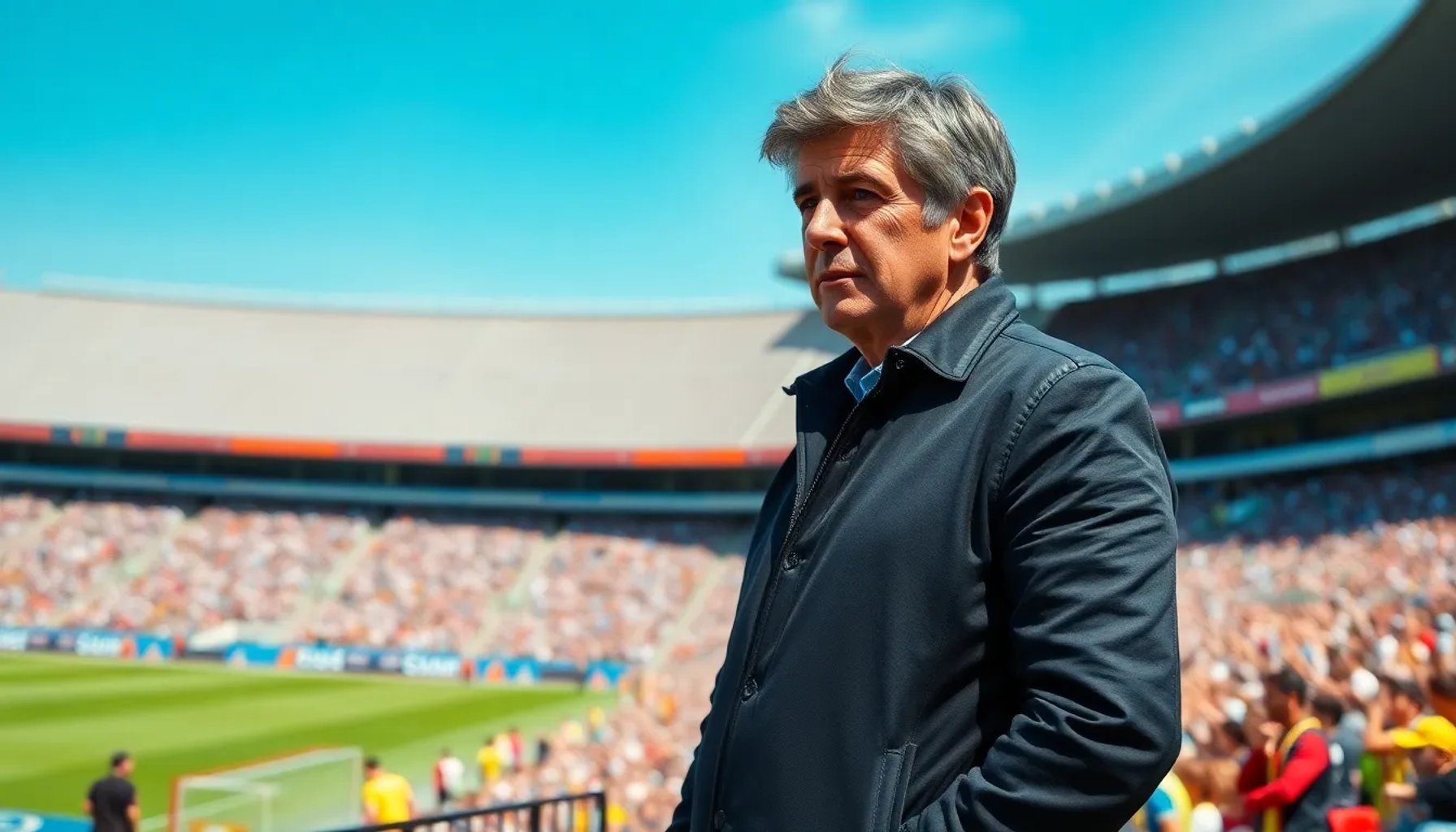 Manuel Pellegrini en el banquillo del Betis, con gesto pensativo y el estadio Benito Villamarín de fondo