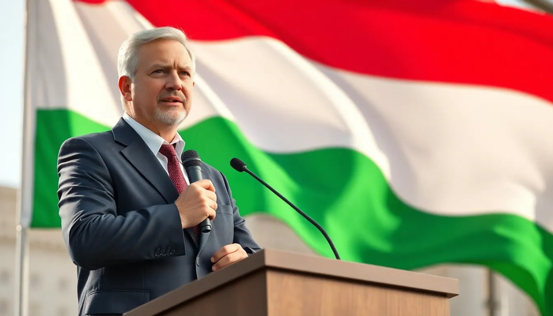 Péter Magyar sonríe en el podio tras ganar las elecciones húngaras, con la bandera de Hungría ondeando al fondo