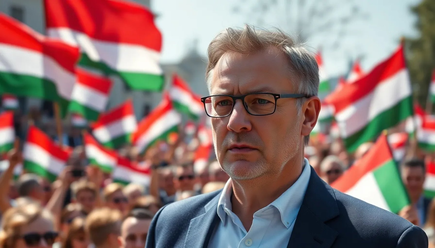 Péter Magyar en un mitin frente a una multitud, con banderas húngaras ondeando al fondo