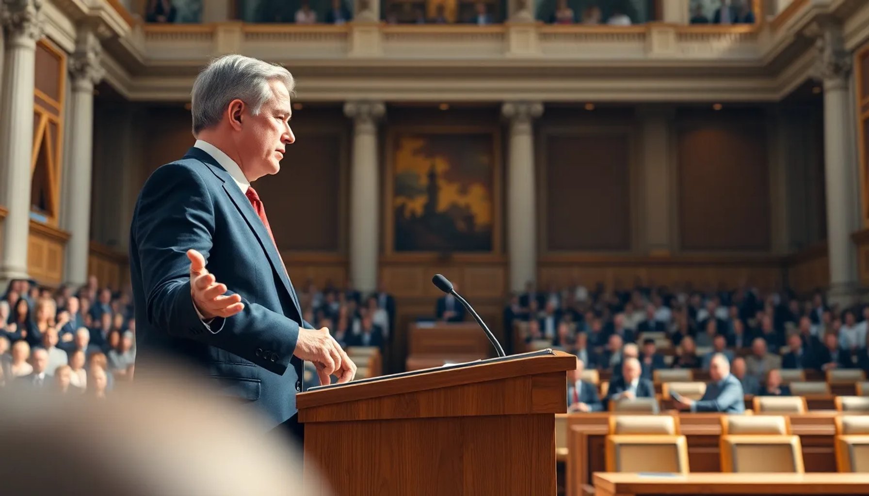 Peter Magyar en el podio de la Asamblea Nacional de Budapest, señalando al presidente húngaro mientras una multitud observa