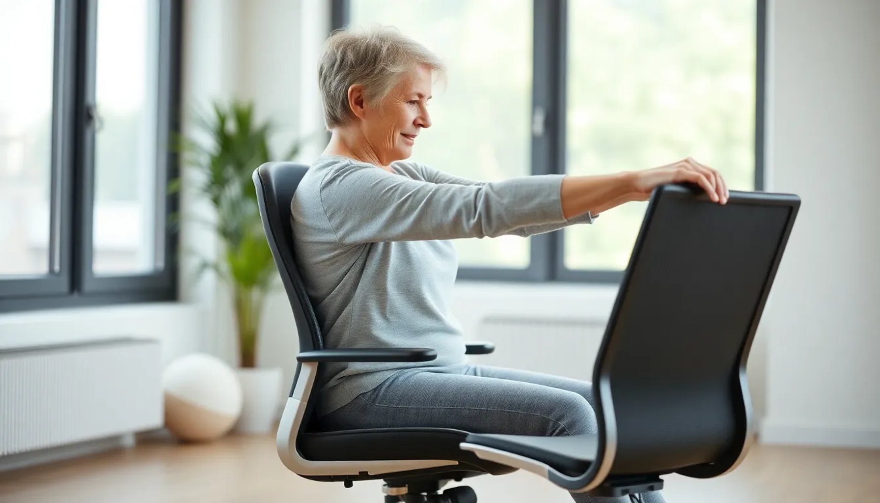 Mujer mayor de 60 años realizando ejercicios de Pilates en silla, enfocada en brazos y core