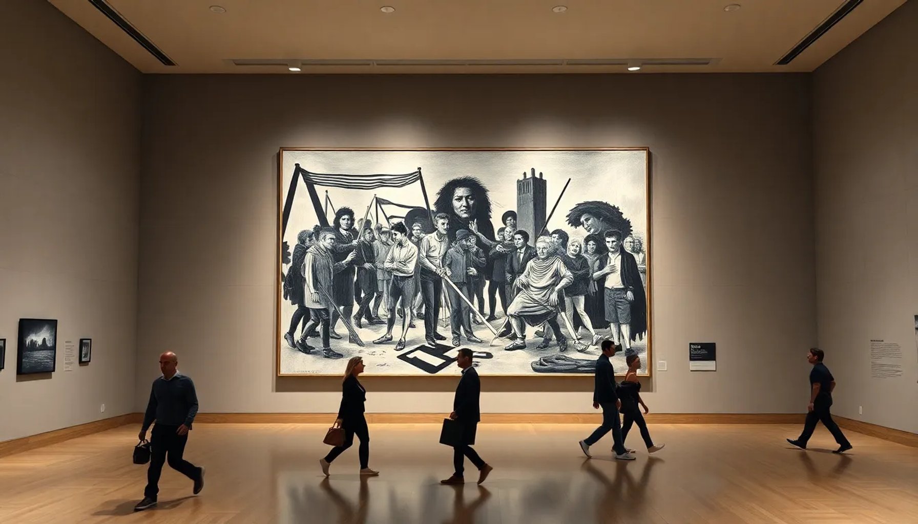 Pintura Guernica de Picasso en exposición, iluminada por focos, con visitantes observando detenidamente