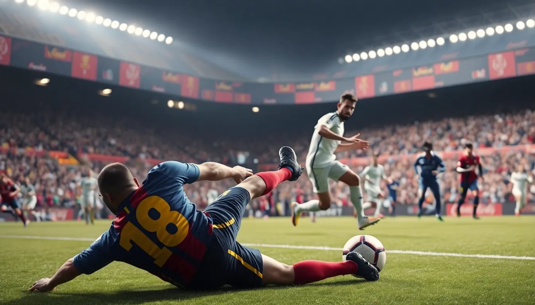 Jugador del Barça, Dani Olmo, cae al suelo dentro del área tras una supuesta falta de Marcos Llorente