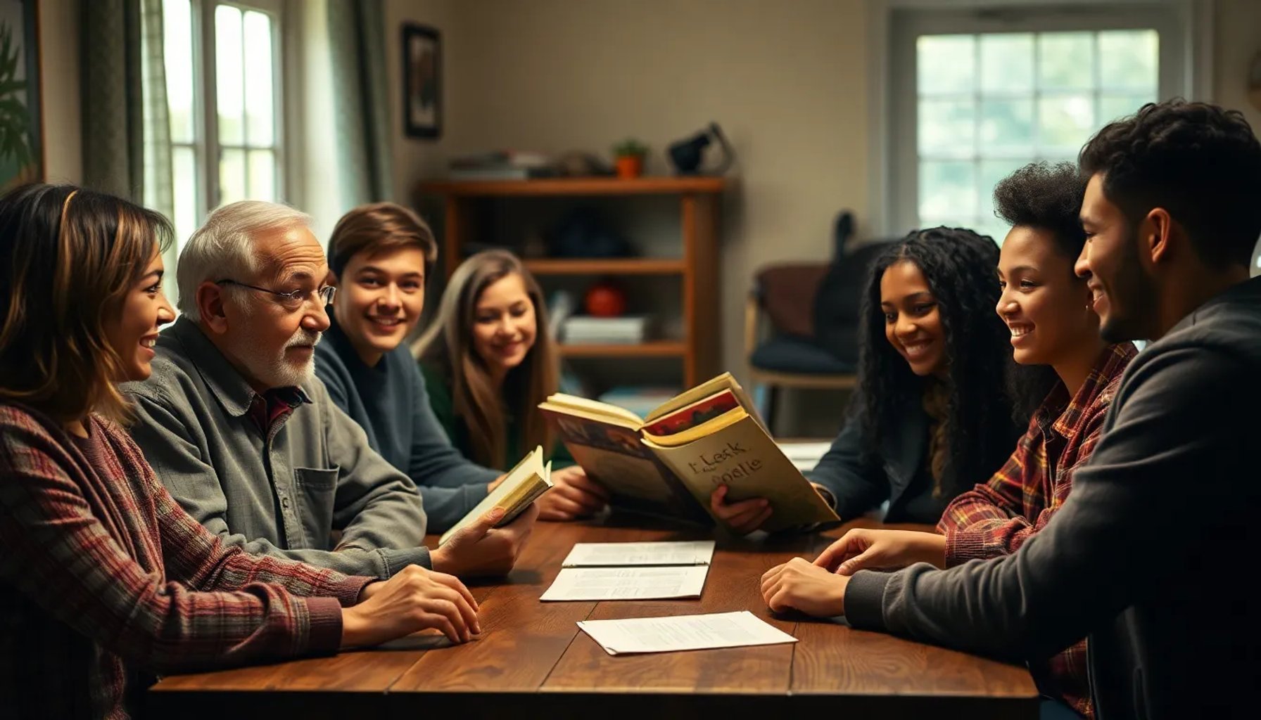 Imagen de un anciano contando historias a jóvenes alrededor de una mesa