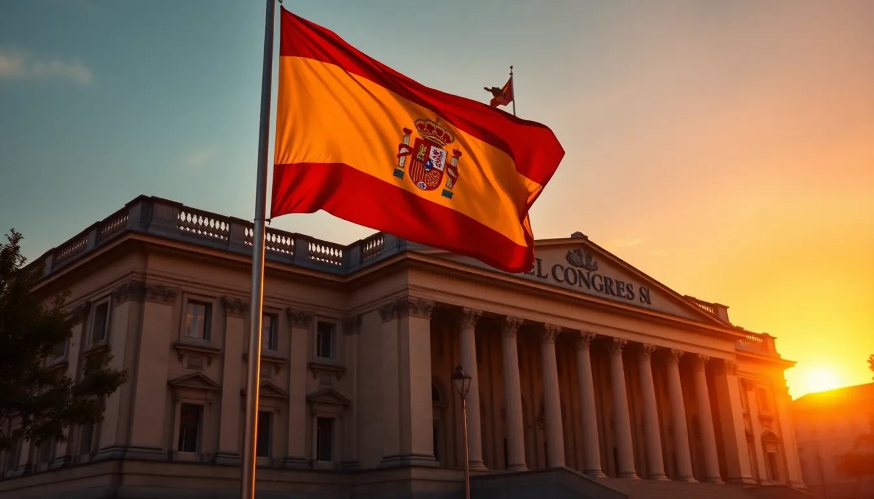 Imagen de la fachada del Congreso de los Diputados con banderas españolas ondeando al atardecer