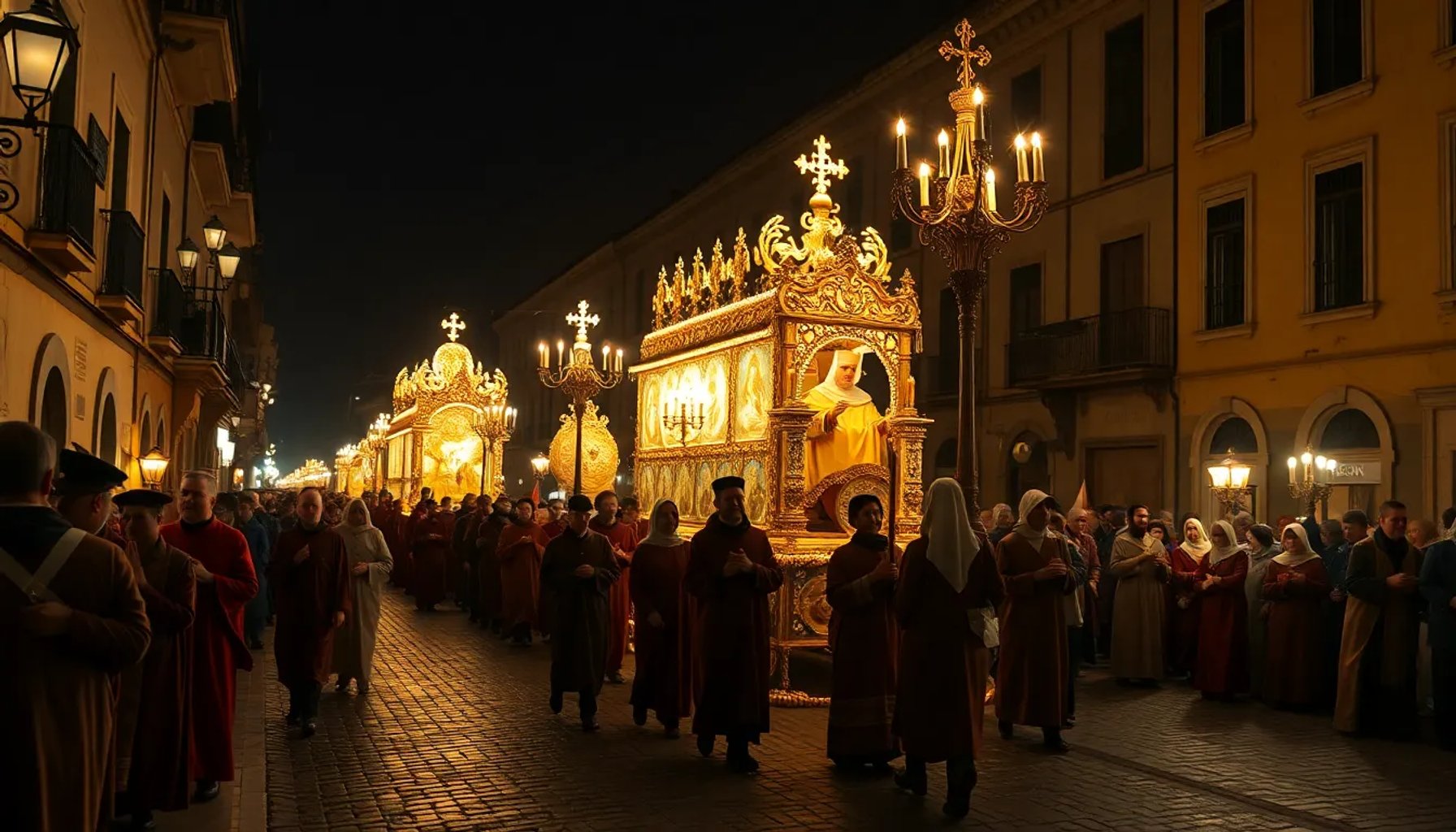 Imagen de una procesión de Semana Santa con pasos iluminados recorriendo una calle empedrada bajo la noche española