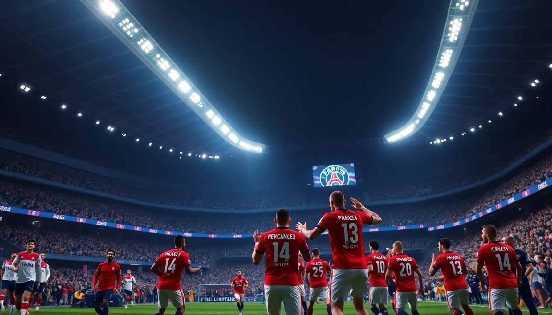 Jugadores del PSG celebran el gol de Mbappé frente al estadio Parc des Princes en un partido contra el Toulouse