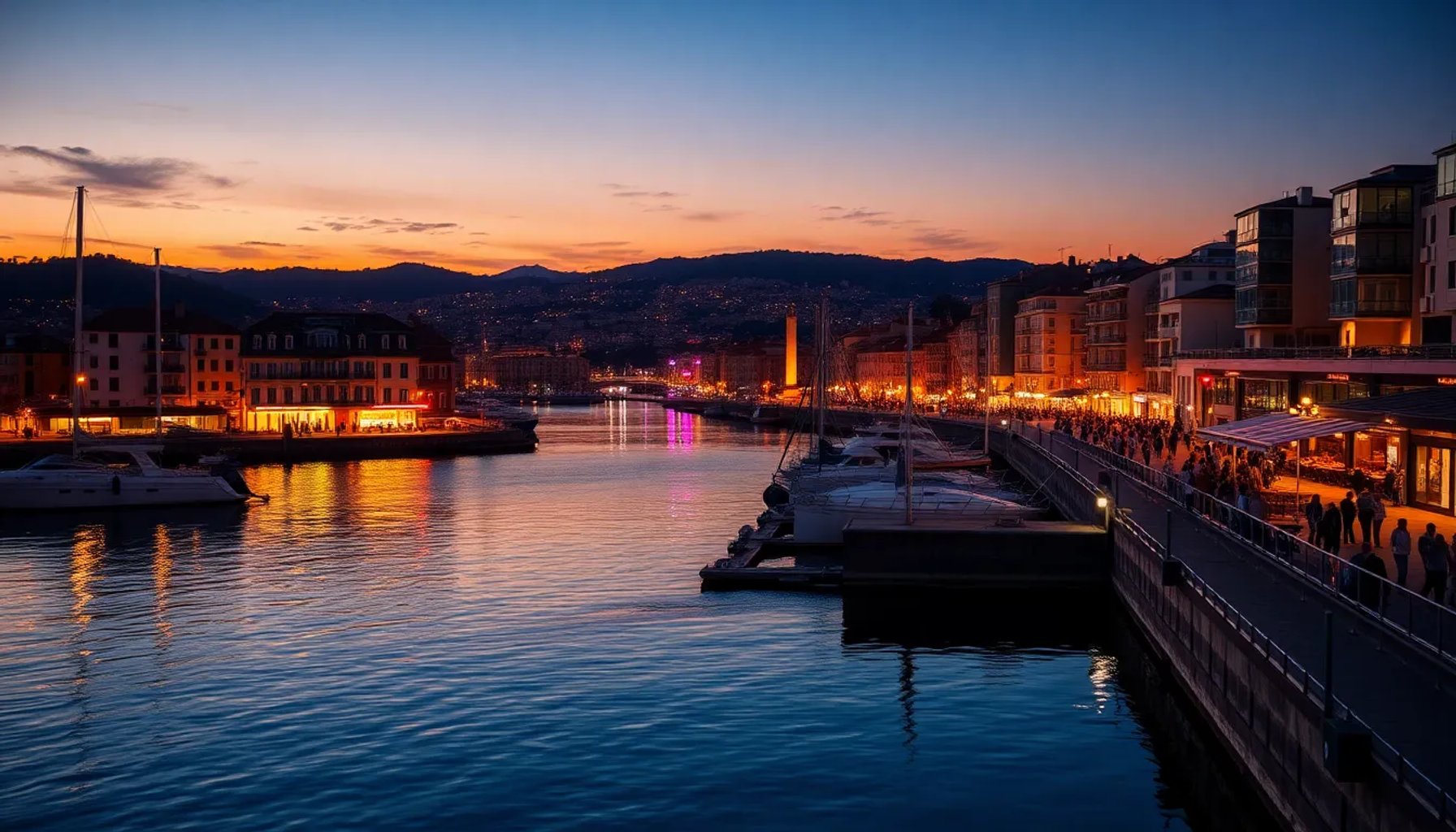 Vista panorámica del puerto de Vigo al atardecer con luces de la ciudad