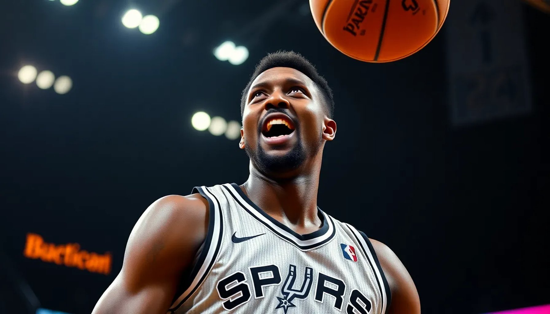 Victor Wembanyama de 2,21 m en acción, bloqueando un tiro bajo las luces del AT&T Center