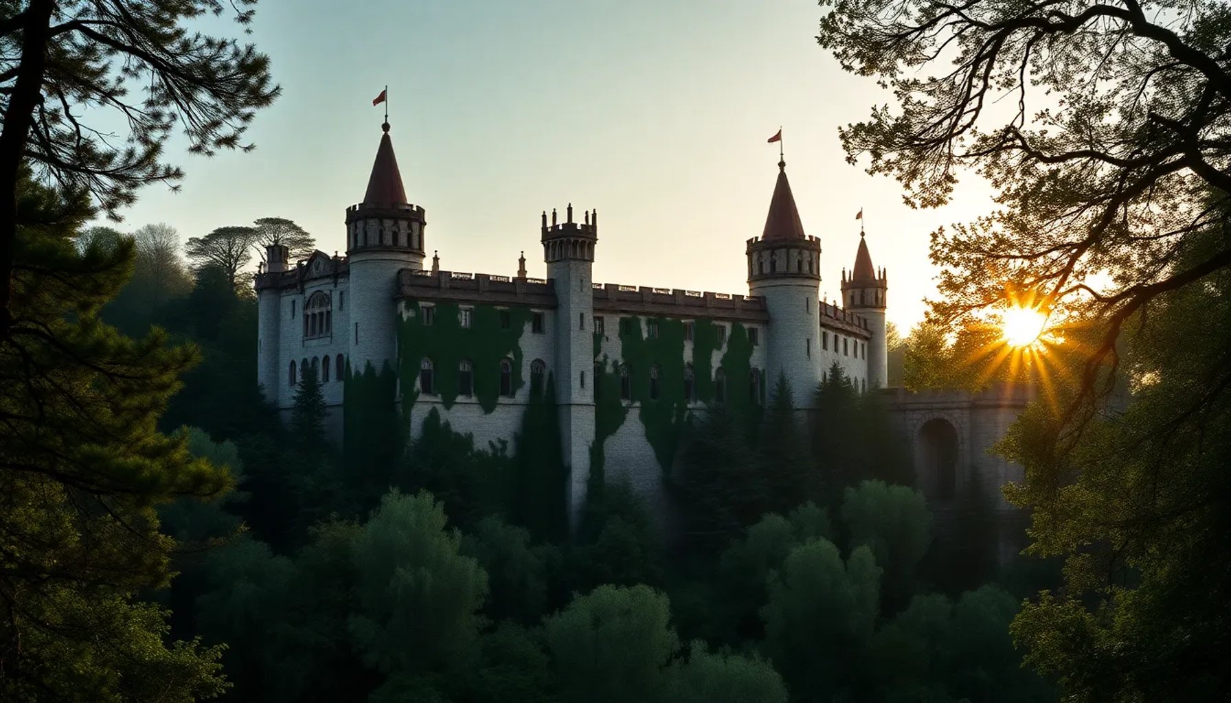 Palacio Real desconocido entre los árboles del bosque de Segovia al atardecer