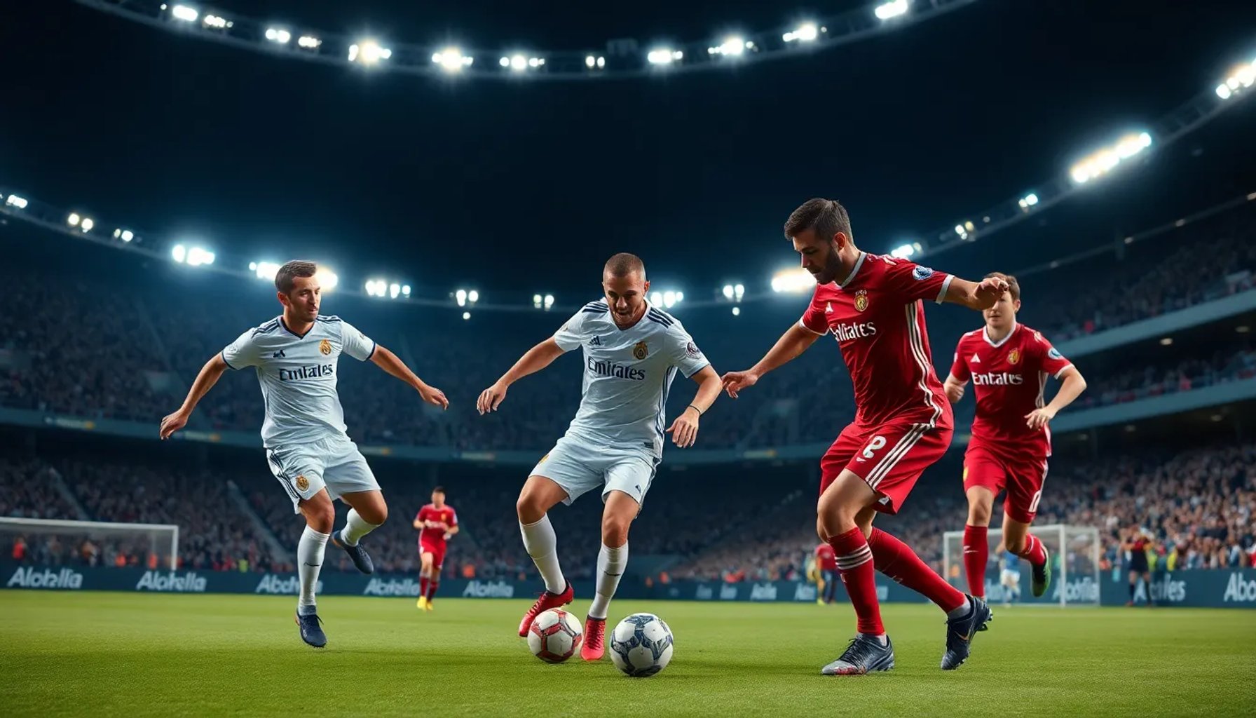 Jugadores del Real Madrid y Mallorca disputando el balón bajo la luz del estadio en una noche de LaLiga